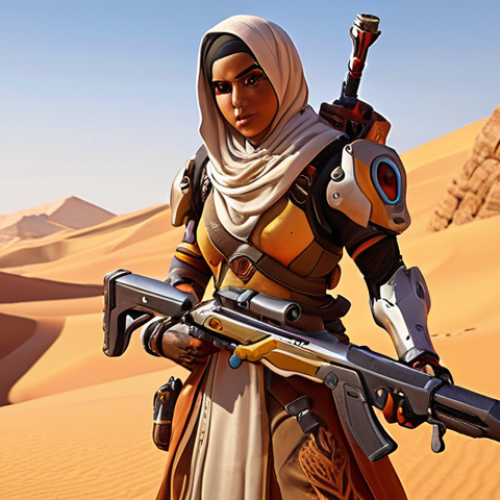 **Prompt:** "Overwatch 2 concept art. A digital painting showcasing a character design inspired by Middle Eastern culture. Intricate details in the character's costume and weaponry. Warm color palette with desert landscape background. Emphasize the character's strength and heritage."