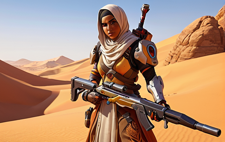 **Prompt:** "Overwatch 2 concept art. A digital painting showcasing a character design inspired by Middle Eastern culture. Intricate details in the character's costume and weaponry. Warm color palette with desert landscape background. Emphasize the character's strength and heritage."