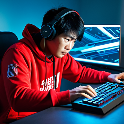 A focused Asian male gamer, fully clothed in a modest gaming hoodie and t-shirt, seated intensely at a high-tech gaming desk in a modern, well-lit gaming room. His hands are on the keyboard and mouse, but his expression shows clear frustration and a slight tension, reflecting severe network lag during a competitive online game. On the screen, abstract, glowing red digital artifacts and subtle visual distortions are visible, symbolizing connectivity issues. The scene is depicted with professional photography and high quality. safe for work, appropriate content, fully clothed, professional, perfect anatomy, correct proportions, natural pose, well-formed hands, proper finger count, natural body proportions.