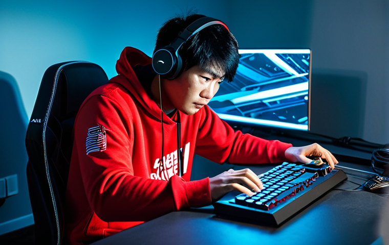 A focused Asian male gamer, fully clothed in a modest gaming hoodie and t-shirt, seated intensely at a high-tech gaming desk in a modern, well-lit gaming room. His hands are on the keyboard and mouse, but his expression shows clear frustration and a slight tension, reflecting severe network lag during a competitive online game. On the screen, abstract, glowing red digital artifacts and subtle visual distortions are visible, symbolizing connectivity issues. The scene is depicted with professional photography and high quality. safe for work, appropriate content, fully clothed, professional, perfect anatomy, correct proportions, natural pose, well-formed hands, proper finger count, natural body proportions.