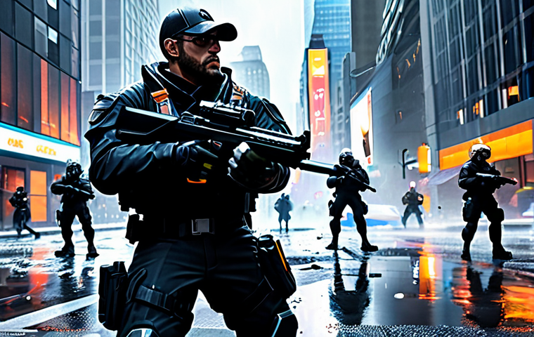 Dynamic Battlefield**
"A fully clothed Overwatch 2 team engaged in a firefight within a futuristic New York City, during a heavy rainstorm. Characters are in professional tactical gear. The environment is detailed with puddles and reflections. Safe for work. Appropriate content. Perfect anatomy, correct proportions, natural pose, professional illustration, high quality, fully clothed, professional."
**