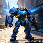 오버워치2 탱커 역할 및 특징 - **A steadfast Overwatch 2 tank, Reinhardt, stands in the foreground on the cobblestone streets of Ki...