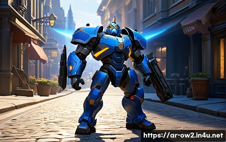 오버워치2 탱커 역할 및 특징 - **A steadfast Overwatch 2 tank, Reinhardt, stands in the foreground on the cobblestone streets of Ki...