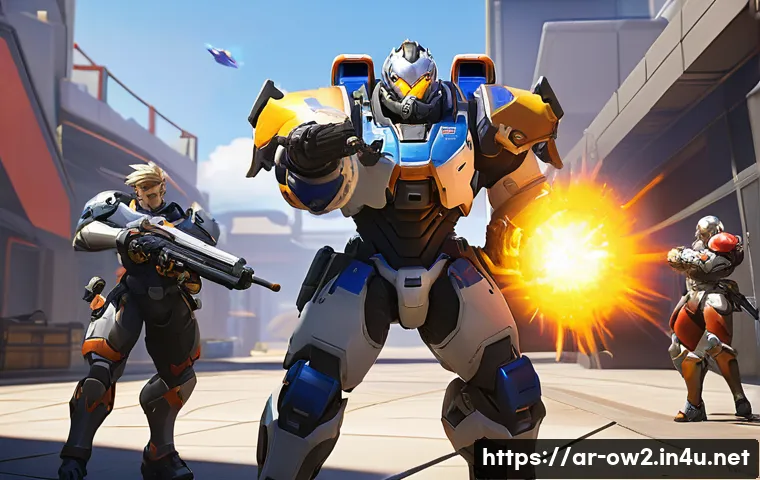 오버워치2 캐릭터 스킬 조합 - **Prompt:** A dynamic, action-packed scene from Overwatch 2, showcasing the "Impenetrable Wall" team...