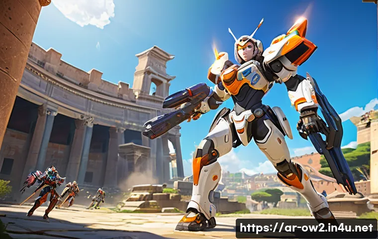 오버워치2 전작과의 차이점 - **Prompt:** A high-octane, dynamic battle scene from Overwatch 2's 5v5 gameplay. A single, heavily a...