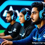 Home 21 오버워치2 리그 MVP 선수 분석 - A dynamic esports team in a high-tech virtual training arena, featuring diverse Arab players in espo...