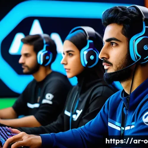 Home 33 오버워치2 리그 MVP 선수 분석 - A dynamic esports team in a high-tech virtual training arena, featuring diverse Arab players in espo...