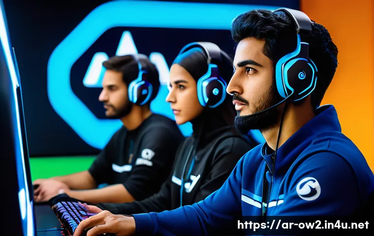 오버워치2 리그 MVP 선수 분석 - A dynamic esports team in a high-tech virtual training arena, featuring diverse Arab players in espo...