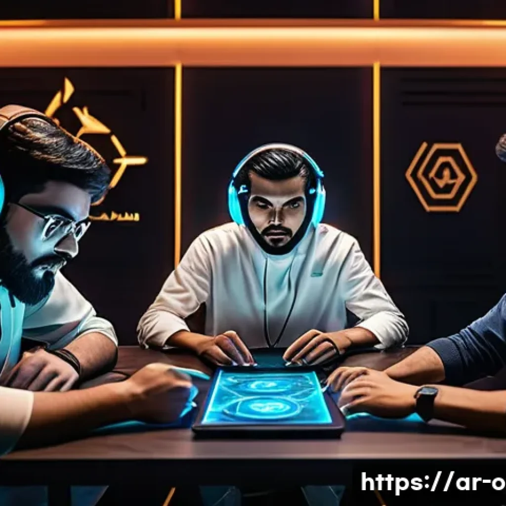 오버워치2 파티 매칭 시스템 - A dynamic esports team meeting scene set in a modern Middle Eastern gaming lounge with Arabic decor ...