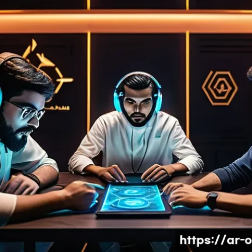 Home 32 오버워치2 파티 매칭 시스템 - A dynamic esports team meeting scene set in a modern Middle Eastern gaming lounge with Arabic decor ...
