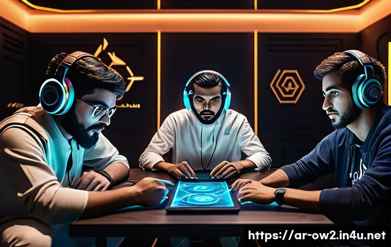 오버워치2 파티 매칭 시스템 - A dynamic esports team meeting scene set in a modern Middle Eastern gaming lounge with Arabic decor ...