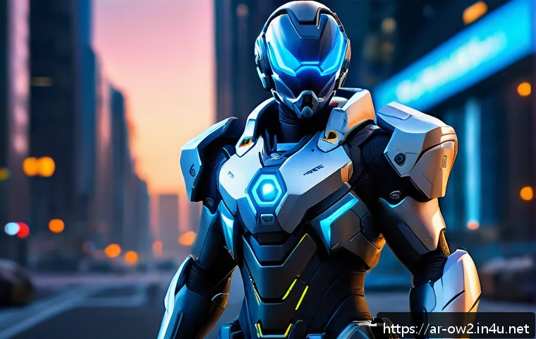 오버워치2 영웅 별 최고의 스킨 - A futuristic Overwatch 2 hero wearing a sleek, high-tech suit with glowing light effects that change...