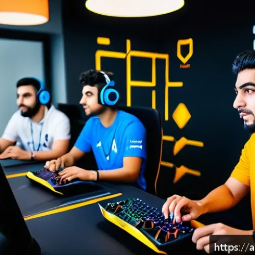 Home 17 오버워치2 팀워크 향상 커뮤니케이션 팁 - A diverse Middle Eastern esports team gathered around a high-tech gaming setup in a modern room deco...