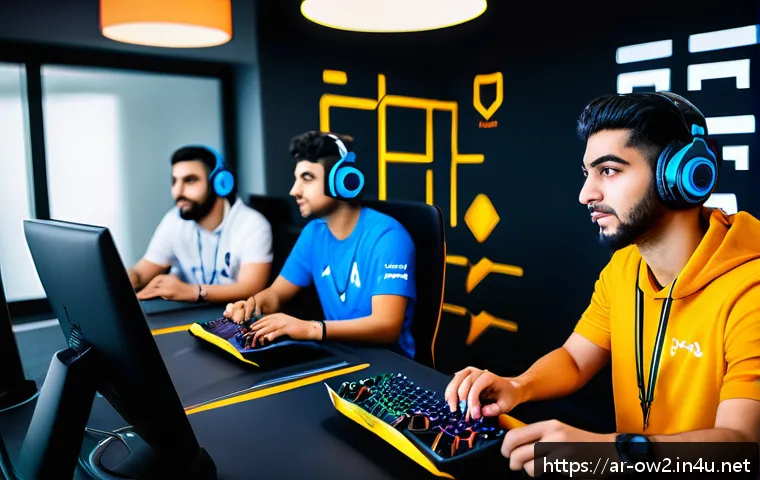오버워치2 팀워크 향상 커뮤니케이션 팁 - A diverse Middle Eastern esports team gathered around a high-tech gaming setup in a modern room deco...