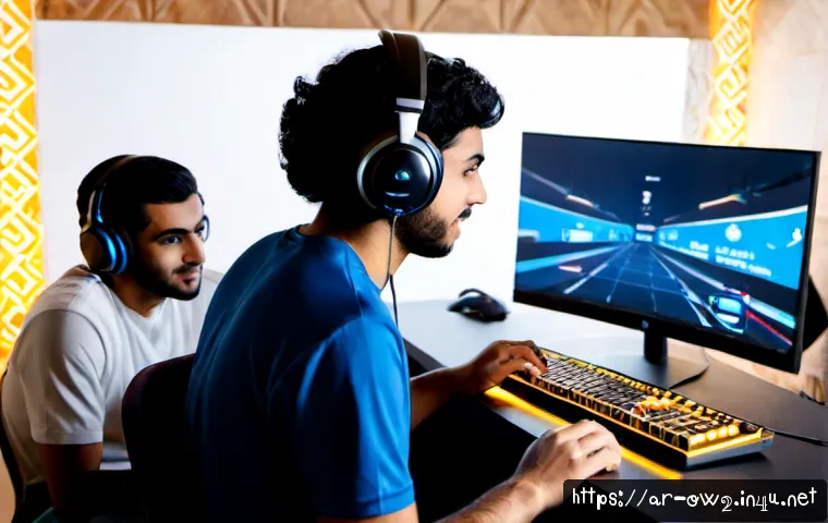 오버워치2 e스포츠 팀 지원 가이드 - Photorealistic esports team support scene in a modern Middle Eastern gaming lounge, a focused young ...