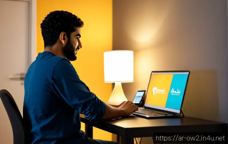오버워치2 할인 구매 팁 - Photorealistic Arab young adult gamer comparing digital game prices on a laptop and smartphone at a ...