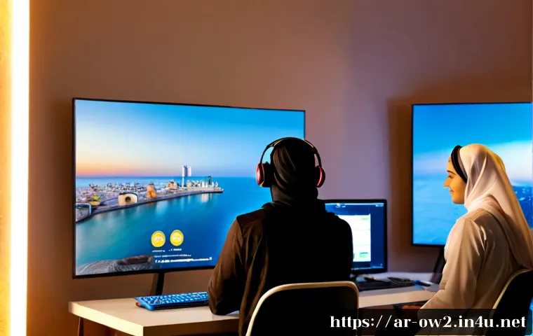 오버워치2 유저 의견 반영 사례 - Photorealistic modern gaming studio in a Gulf city, diverse Arab game developers reviewing player fe...
