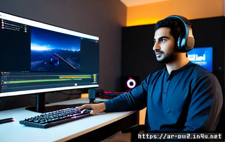 오버워치2 공략 유튜버 추천 - Photorealistic Arab gaming content creator in a modern Riyadh-style home studio, wearing modest casu...
