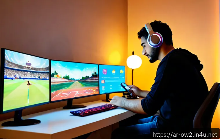 Home 30 오버워치2 SNS 계정 팔로우 추천 - Photorealistic Arab gaming creator at a clean modern desk, wearing modest casual clothing and a head...
