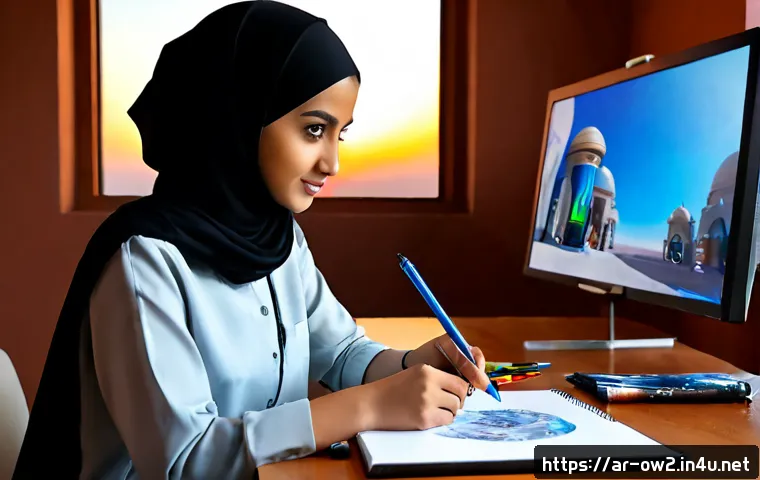 Home 17 오버워치2 공식 팬 아트 공모전 - Photorealistic young Arab woman digital artist in a modern Dubai-style creative studio, wearing mode...
